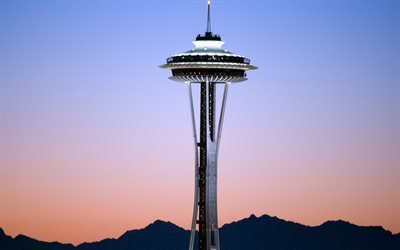 Space Needle, skyline, USA, sunset, Seattle, Washington, America