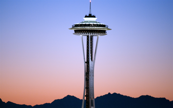 Space Needle, el horizonte, estados UNIDOS, puesta de sol, Seattle, Washington, estados unidos