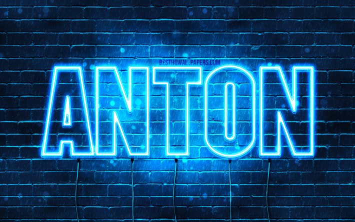 Anton, 4k, pap&#233;is de parede com os nomes de, texto horizontal, Anton nome, Feliz Anivers&#225;rio Anton, popular alem&#227;o nomes masculinos, luzes de neon azuis, imagem com Anton nome