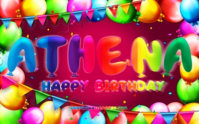 Happy Birthday Athena, 4k, colorful balloon frame, Athena name, purple background, Athena Happy Birthday, Athena Birthday, popular american female names, Birthday concept, Athena