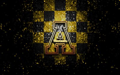 Appalachian State Mountaineers, glitter logo, NCAA, yellow black checkered background, USA, american football team, Appalachian State Mountaineers logo, mosaic art, american football, America