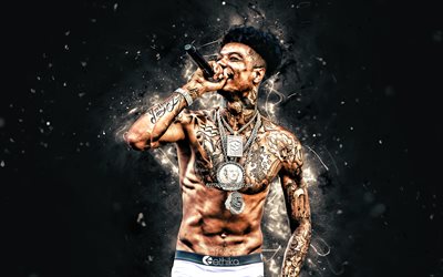 Blueface, 2020, 4k, white neon lights, american rapper, concert, music stars, creative, Migos, Blueface with microphone, Johnathan Porter, american celebrity, Blueface 4K