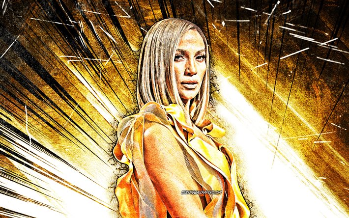 4k, Jennifer Lopez, grunge art, amerikkalainen laulaja, musiikin t&#228;hdet, luova, keltainen abstrakti-s&#228;teilt&#228;, amerikkalainen julkkis, JLo, Jennifer Lynn Lopez, supert&#228;hti&#228;, kauneus, Jennifer Lopez 4K