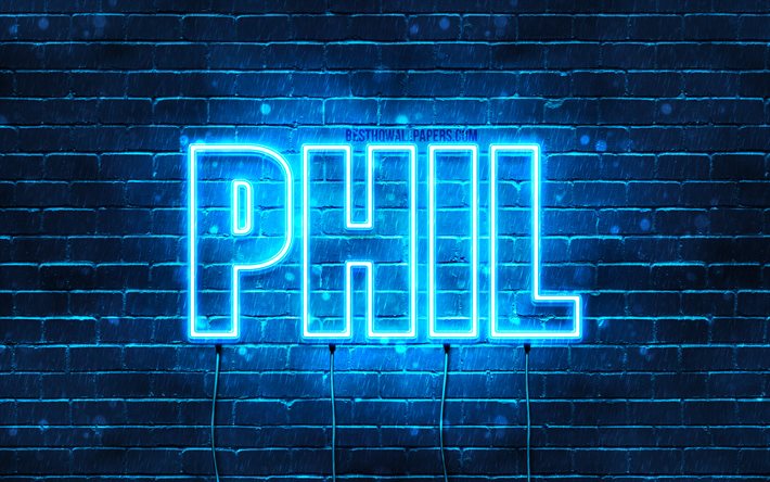 Phil, 4k, taustakuvia nimet, vaakasuuntainen teksti, Phil nimi, Hyv&#228;&#228; Syntym&#228;p&#228;iv&#228;&#228; Phil, suosittu saksalainen uros nimet, blue neon valot, kuvan Phil nimi