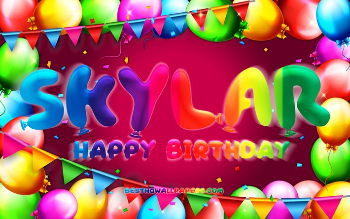 お誕生日おめでSkylar, 4k, カラフルバルーンフレーム, Skylar名, 紫色の背景, Skylarお誕生日おめで, Skylar誕生日, 人気のアメリカ女性の名前, 誕生日プ, Skylar