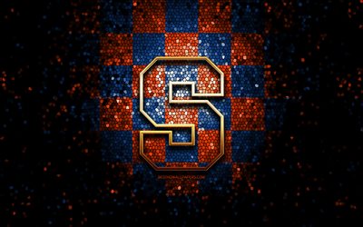 Syracuse Orange, glitter logo, NCAA, blue orange checkered background, USA, american football team, Syracuse Orange logo, mosaic art, american football, America