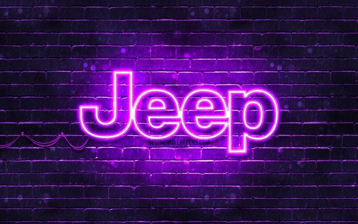 Jeep violet logo, 4k, violet brickwall, Jeep logo, cars brands, Jeep neon logo, Jeep