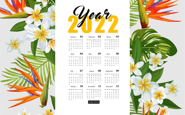 Calendario 2022, 4k, Arte de verano, Conceptos 2022, Calendario de todos los meses 2022, Plantilla de verano, Calendario anual 2022