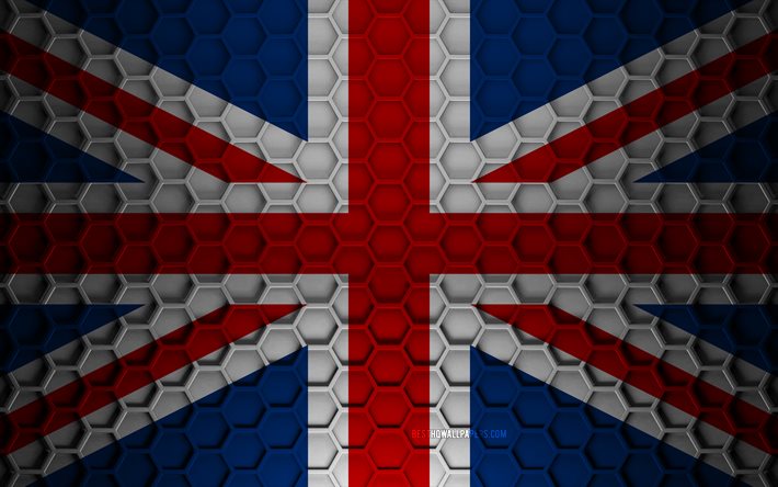 Bandera del Reino Unido, textura de hex&#225;gonos 3d, Reino Unido, textura 3d, Reino Unido bandera 3d, textura de metal, bandera del Reino Unido