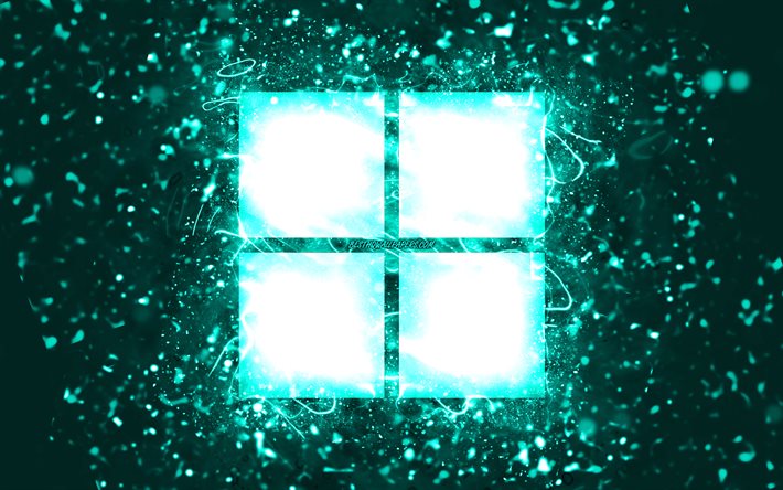 Microsoft turquoise logo, 4k, turquoise neon lights, creative, turquoise abstract background, Microsoft logo, brands, Microsoft