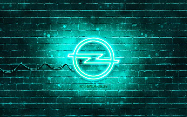 Logo turquoise Opel, 4k, brique turquoise, logo Opel, marques de voitures, logo n&#233;on Opel, Opel