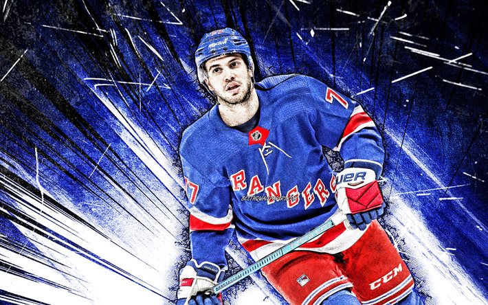 4k, Tony DeAngelo, art grunge, LNH, Rangers de New York, &#233;toiles de hockey, hockey, Anthony DeAngelo, rayons abstraits bleus, joueurs de hockey, Tony DeAngelo Rangers de New York, Tony DeAngelo 4K