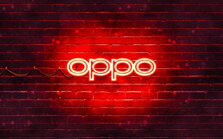 Logo rosso Oppo, 4k, muro di mattoni rosso, logo Oppo, marchi, logo al neon Oppo, Oppo