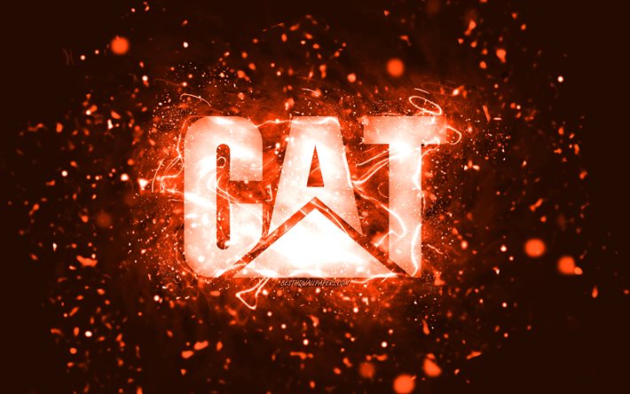 caterpillar orange logo, 4k, cat, orange neonlichter, kreativ, oranger abstrakter hintergrund, caterpillar logo, cat logo, marken, caterpillar