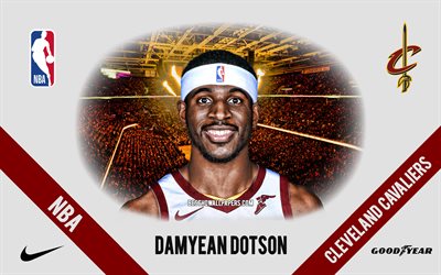 Damyean Dotson, Cleveland Cavaliers, Giocatore di basket americano, NBA, ritratto, USA, basket, Rocket Mortgage FieldHouse, logo Cleveland Cavaliers