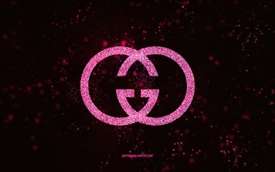 شعار Gucci اللامع, 4 ك, خلفية سوداء 2x, شعار Gucci, الفن بريق الوردي, غوتشي, فني إبداعي, غوتشي الوردي بريق الشعار