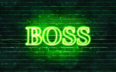 Hugo Boss green logo, 4k, green brickwall, Hugo Boss logo, fashion brands, Hugo Boss neon logo, Hugo Boss