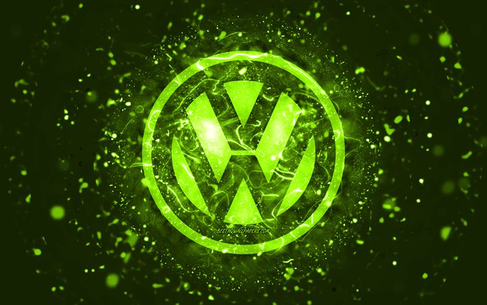 Logo Volkswagen lime, 4k, luci al neon al lime, creativo, sfondo astratto lime, logo Volkswagen, marchi di auto, Volkswagen