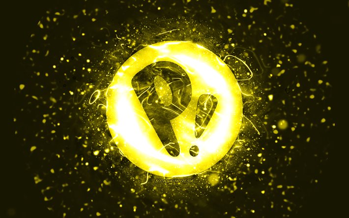Pop OS yellow logo, 4k, yellow neon lights, Linux, creative, yellow abstract background, Pop OS logo, OS, Pop OS