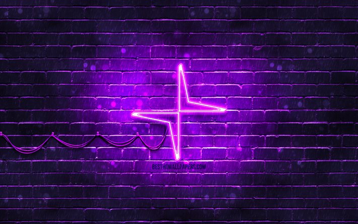 ポールスターバイオレットロゴ, 4k, 紫のレンガの壁, Polestarロゴ, 車のブランド, Polestarネオンロゴ, 北極星