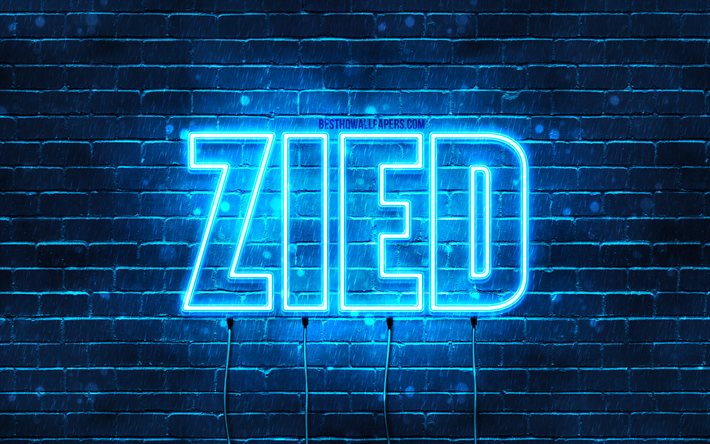 Zied, 4k, fonds d&#39;&#233;cran avec des noms, nom Zied, n&#233;ons bleus, joyeux anniversaire Zied, noms masculins arabes populaires, photo avec nom Zied