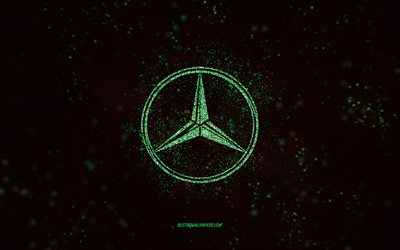 Mercedes-Benz parıltılı logo, 4k, siyah arka plan, Mercedes-Benz logosu, yeşil parıltılı sanat, Mercedes-Benz, yaratıcı sanat, Mercedes-Benz yeşil parıltılı logo, Mercedes logosu