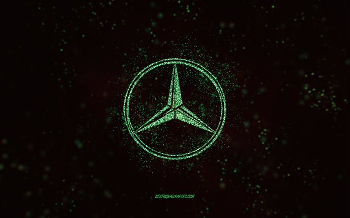 Logo de paillettes Mercedes-Benz, 4k, fond noir, logo Mercedes-Benz, art de paillettes vertes, Mercedes-Benz, art cr&#233;atif, logo de paillettes vertes Mercedes-Benz, logo Mercedes