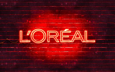 Logo rouge Loreal, 4k, mur de briques rouges, logo Loreal, marques, logo n&#233;on Loreal, Loreal
