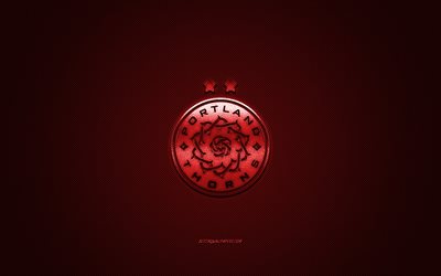 ポートランドソーンズFC, アメリカのサッカークラブ, NWSL, 赤いロゴ, 赤い炭素繊維の背景, フットボール。, ポートランド, 米国, ポートランドソーンズFCのロゴ
