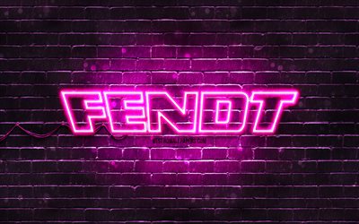 Fendt logo viola, 4k, muro di mattoni viola, logo Fendt, marchi, logo al neon Fendt, Fendt