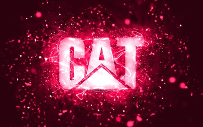 Caterpillar vaaleanpunainen logo, 4k, CaT, vaaleanpunaiset neonvalot, luova, vaaleanpunainen abstrakti tausta, Caterpillar logo, CaT logo, tuotemerkit, Caterpillar