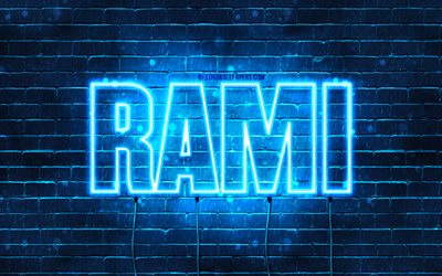 Rami, 4k, taustakuvat nimillä, Rami-nimi, siniset neonvalot, Hyvää syntymäpäivää Rami, suosittuja arabialaisia miesten nimiä, kuva Rami-nimellä