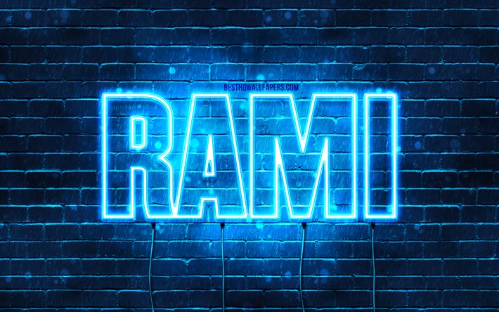 Rami, 4k, pap&#233;is de parede com nomes, nome de Rami, luzes de n&#233;on azuis, Happy Birthday Rami, nomes masculinos &#225;rabes populares, foto com o nome de Rami
