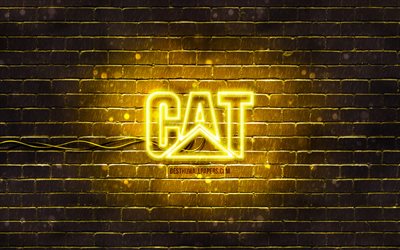 Caterpillar keltainen logo, 4k, CAT, keltainen tiilisein&#228;, Caterpillar-logo, tuotemerkit, Caterpillar neon-logo, Caterpillar, CAT-logo