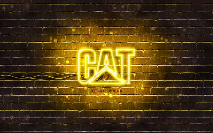 Logo jaune Caterpillar, 4k, CAT, mur de briques jaune, logo Caterpillar, marques, logo n&#233;on Caterpillar, Caterpillar, logo CAT