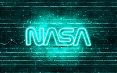 Logo turchese della NASA, 4k, muro di mattoni turchese, logo della NASA, marchi di moda, logo al neon della NASA, NASA