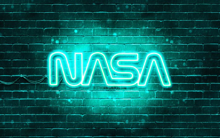 NASA turquoise logo, 4k, turquoise brickwall, NASA logo, fashion brands, NASA neon logo, NASA