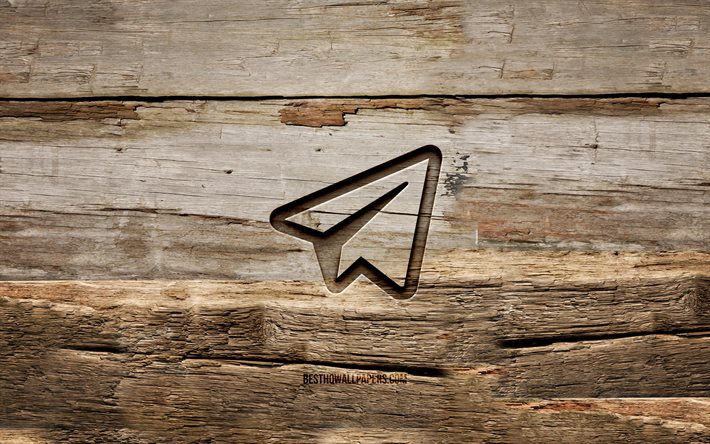 Telegram wooden logo, 4K, wooden backgrounds, social network, Telegram logo, creative, wood carving, Telegram