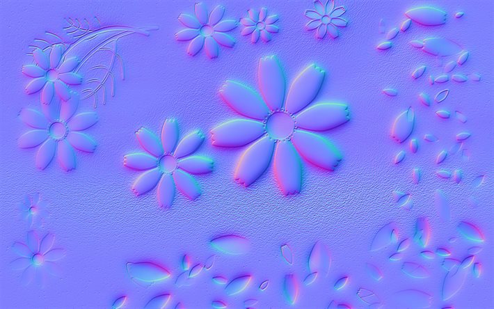 fundo de flores roxas em 3D, flores em 3D, fundo de flores em relevo, fundo de flores criativas, fundo de flores em 3D