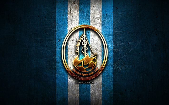 Al-Wakrah FC, logo dorato, QSL, blu, metallo, sfondo, calcio, qatari football club, Al-Wakrah logo, Al-Wakrah SC