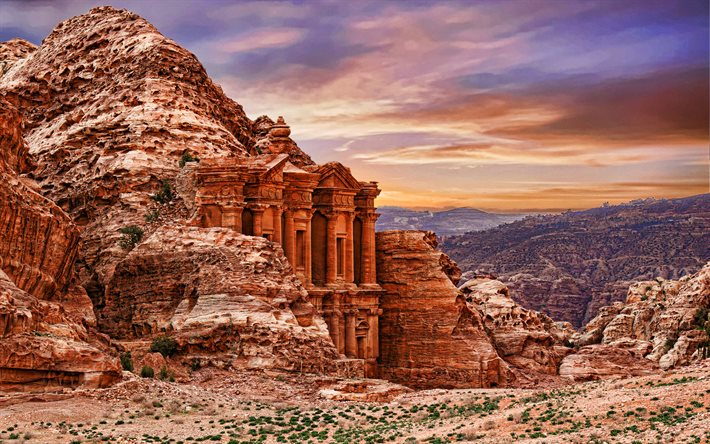 Ad-Deir, 4k, desert, Siq Canyon, HDR, sunset, Petra, Jordan, Asia, beautiful nature