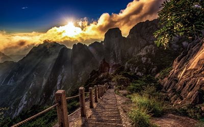 noite, montanhas, p&#244;r do sol, estrada de montanha, paisagem de montanha, China, HDR