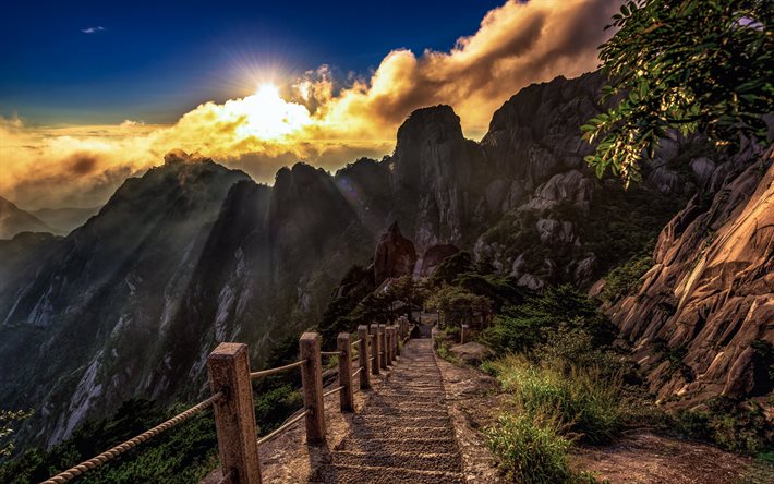 evening, mountains, sunset, mountain road, mountain landscape, China, hdr
