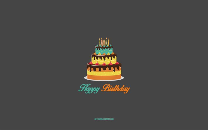 Buon compleanno, 4k, torta festiva, biglietto di auguri di buon compleanno, minimalismo, concetti di buon compleanno, sfondo grigio, torta con candela