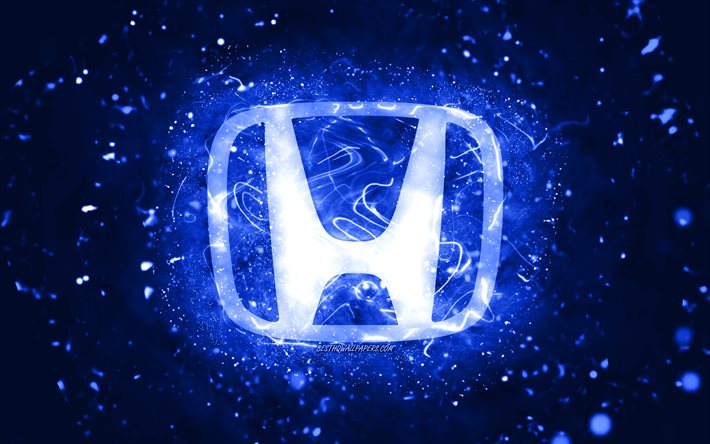 Honda dark blue logo, 4k, dark blue neon lights, creative, dark blue abstract background, Honda logo, cars brands, Honda