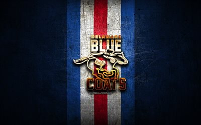 Delaware Blue Coats, logotipo dourado, NBA G League, fundo de metal azul, time americano de basquete, logotipo Delaware Blue Coats, basquete, EUA
