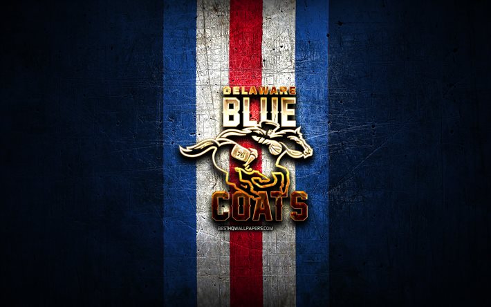 Delaware Blue Coats, logo dorato, NBA G League, sfondo blu in metallo, squadra di basket americana, logo Delaware Blue Coats, basket, USA