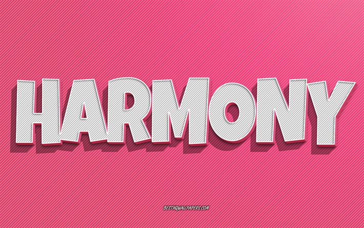 Harmony, fond de lignes roses, fonds d&#39;&#233;cran avec des noms, nom Harmony, noms f&#233;minins, carte de voeux Harmony, dessin au trait, image avec nom Harmony