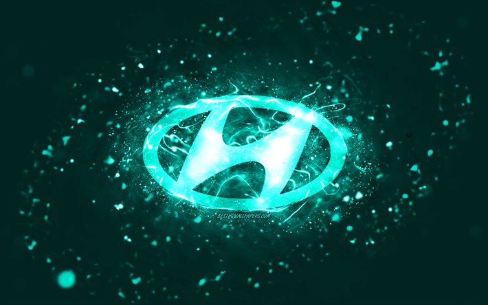 Logo Hyundai turquoise, 4k, n&#233;ons turquoise, cr&#233;atif, fond abstrait turquoise, logo Hyundai, marques de voitures, Hyundai