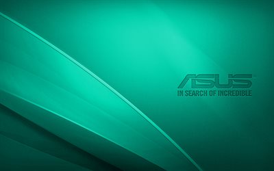 Asus turquoise logo, 4K, creative, turquoise wavy background, Asus logo, artwork, Asus